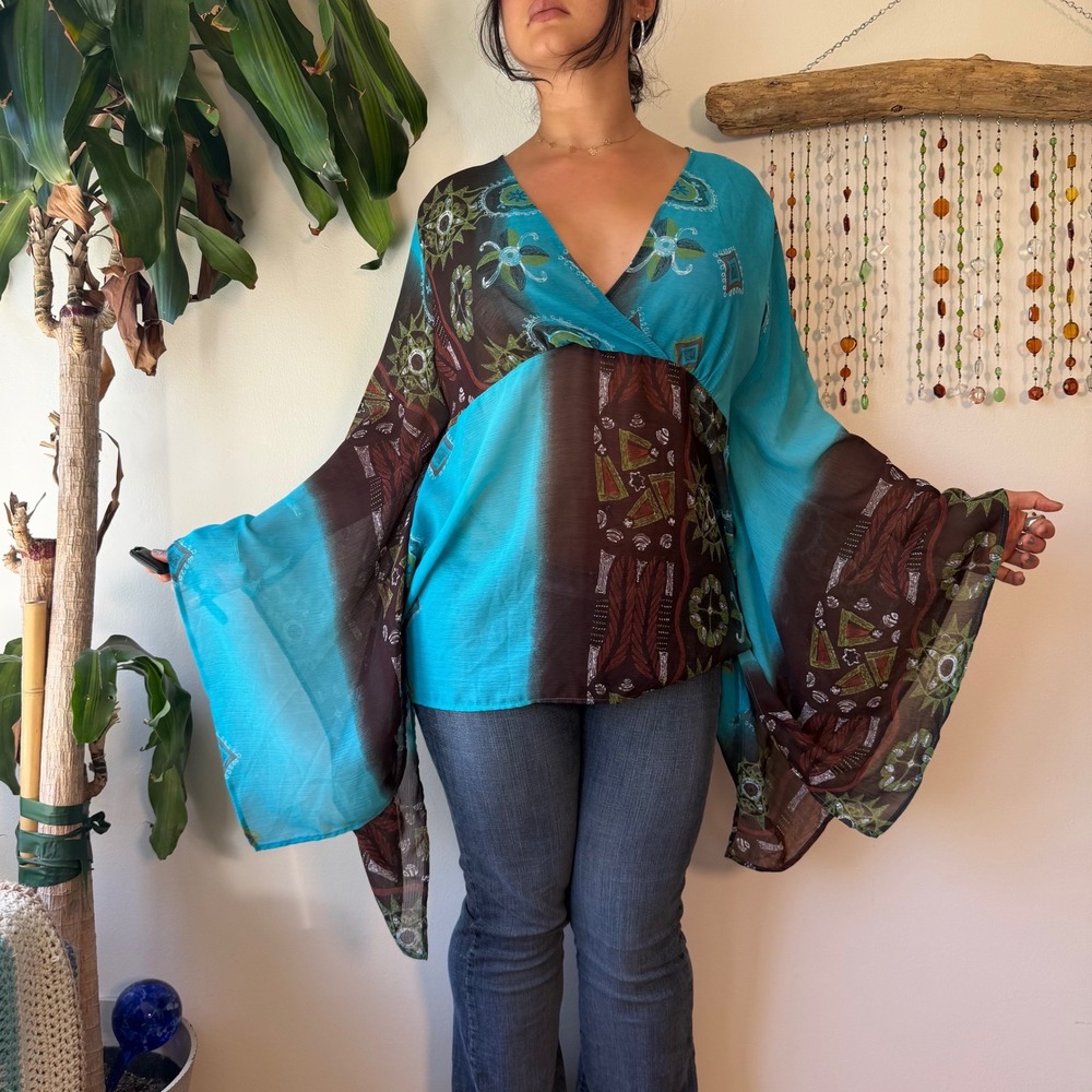 Ashley Stewart Boho Teal Brown Bell Sleeve Kimono Blouse Top Whimsigoth Fairy 16